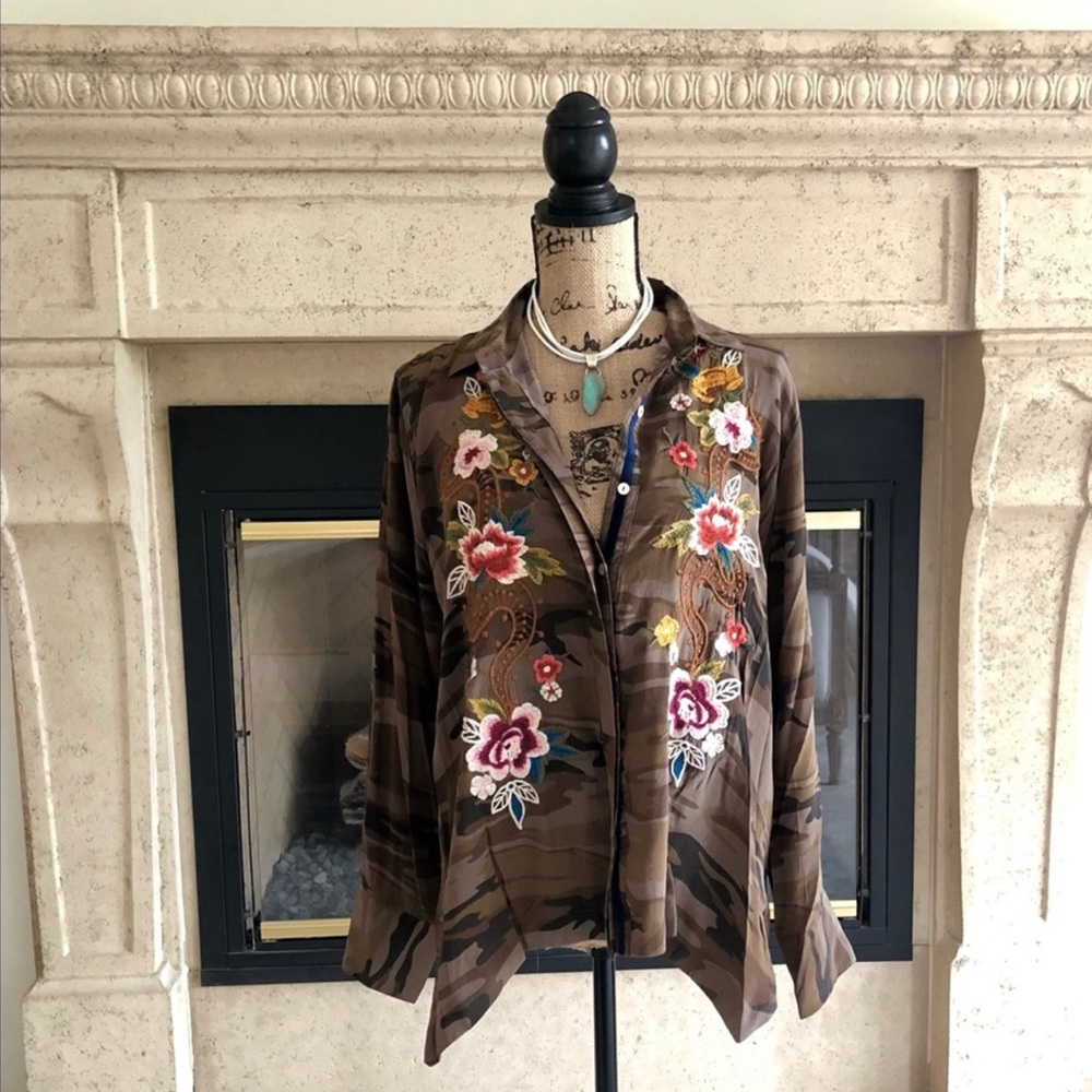 Johnny Was Olive Green Camo Button Down Shirt with Floral Embroidery